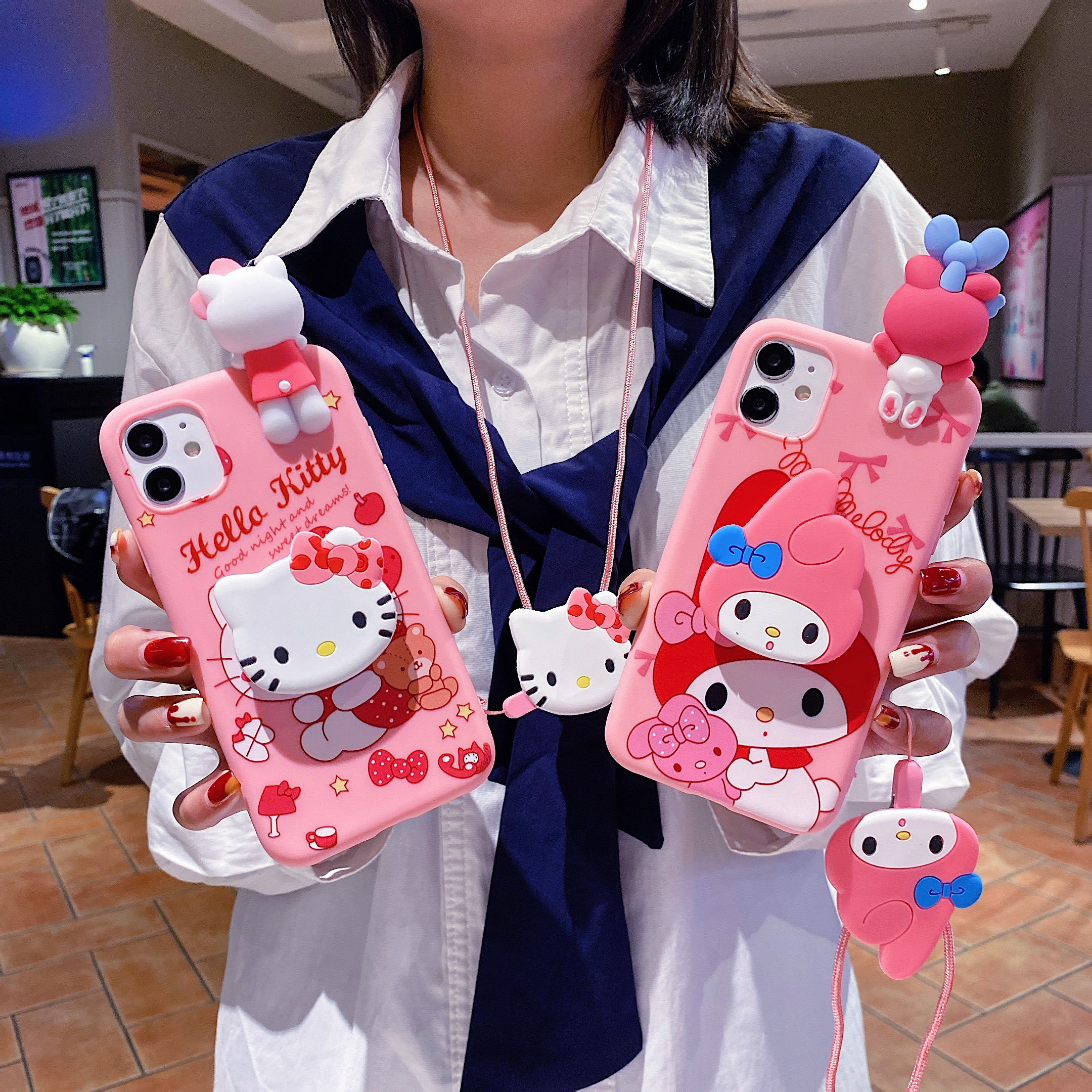 Phone Cases For Samsung A14 - Sanrio 3D Kitty Kuromi Holder Rope